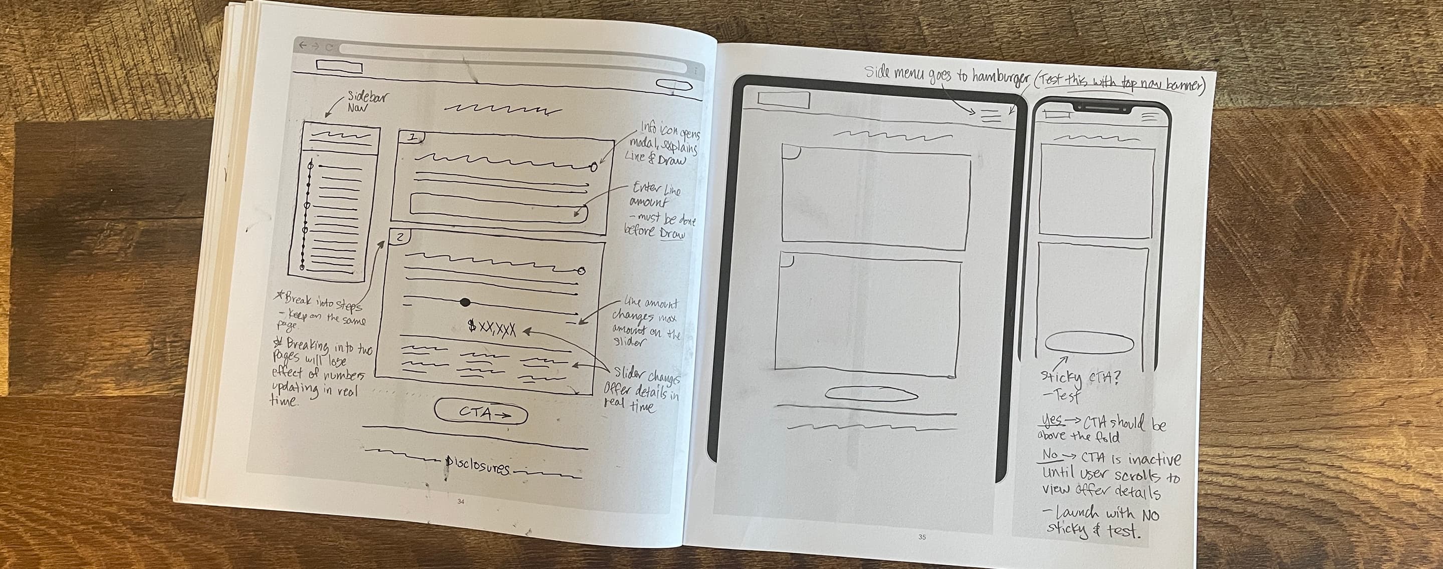 Notebook of hand-drawn wireframe sketches
