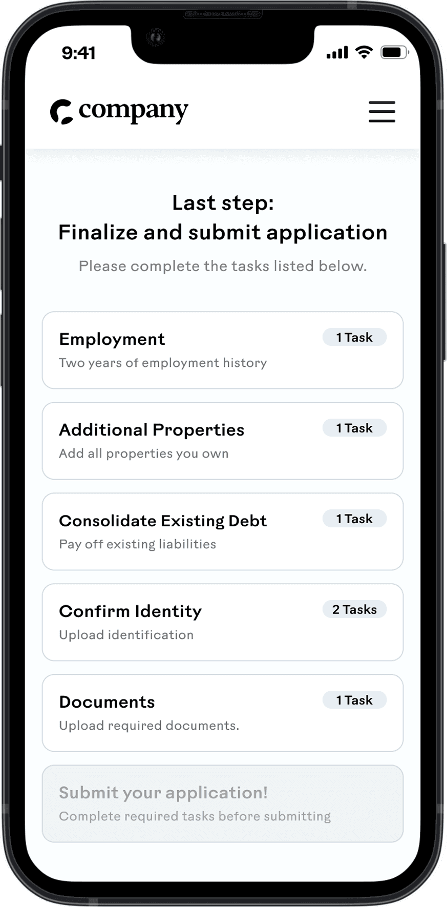 HELOC task list on a phone: finalize and submit the application