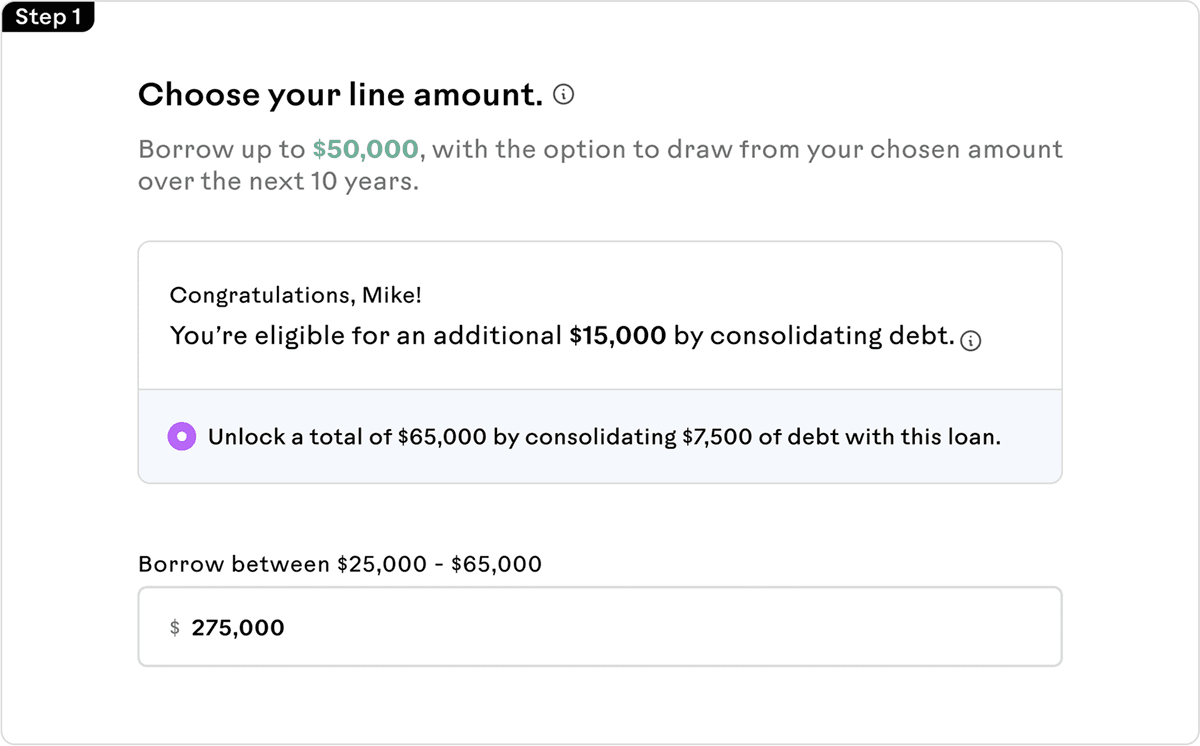 Choosing the line amount, with a debt consolidation offer