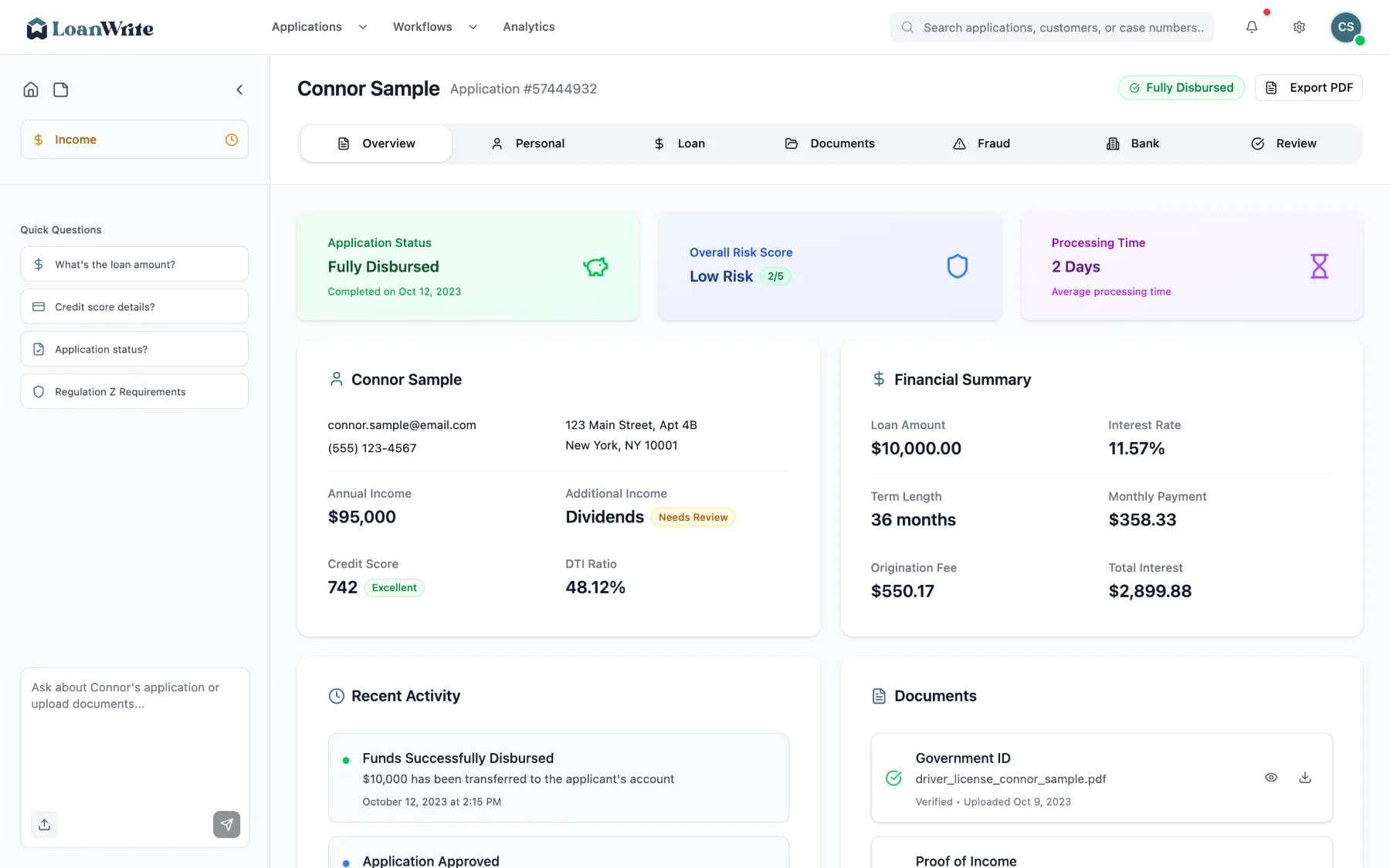 loan file overview with status, risk score and processing time