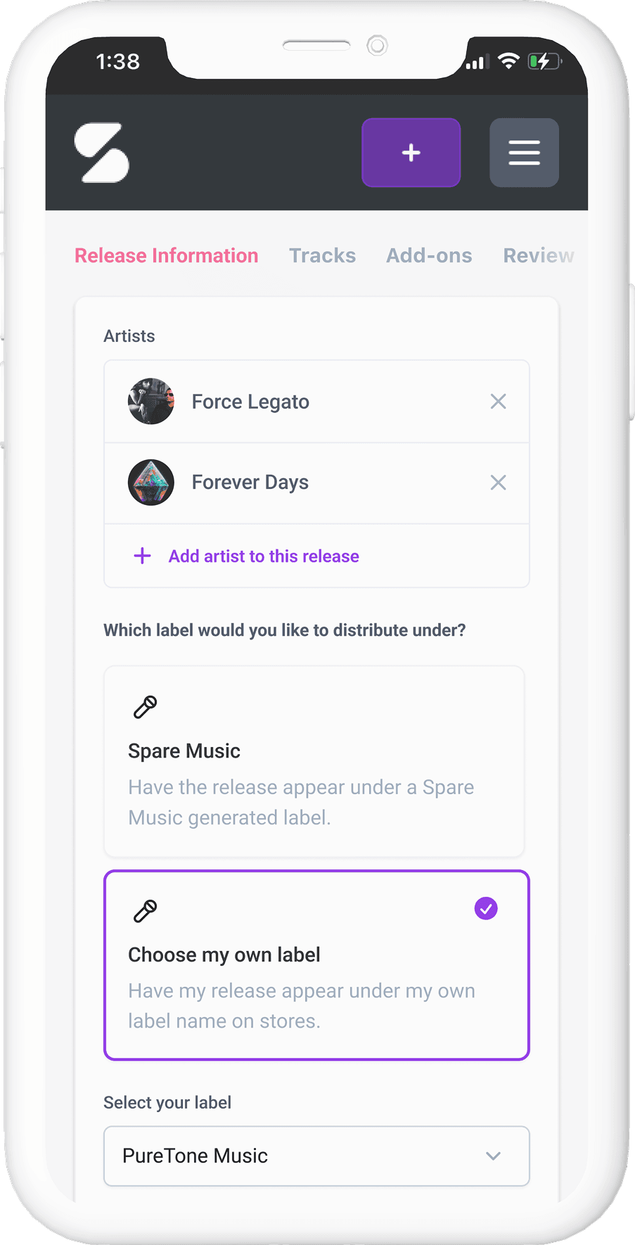 Spare Music release flow on a phone: artists and label