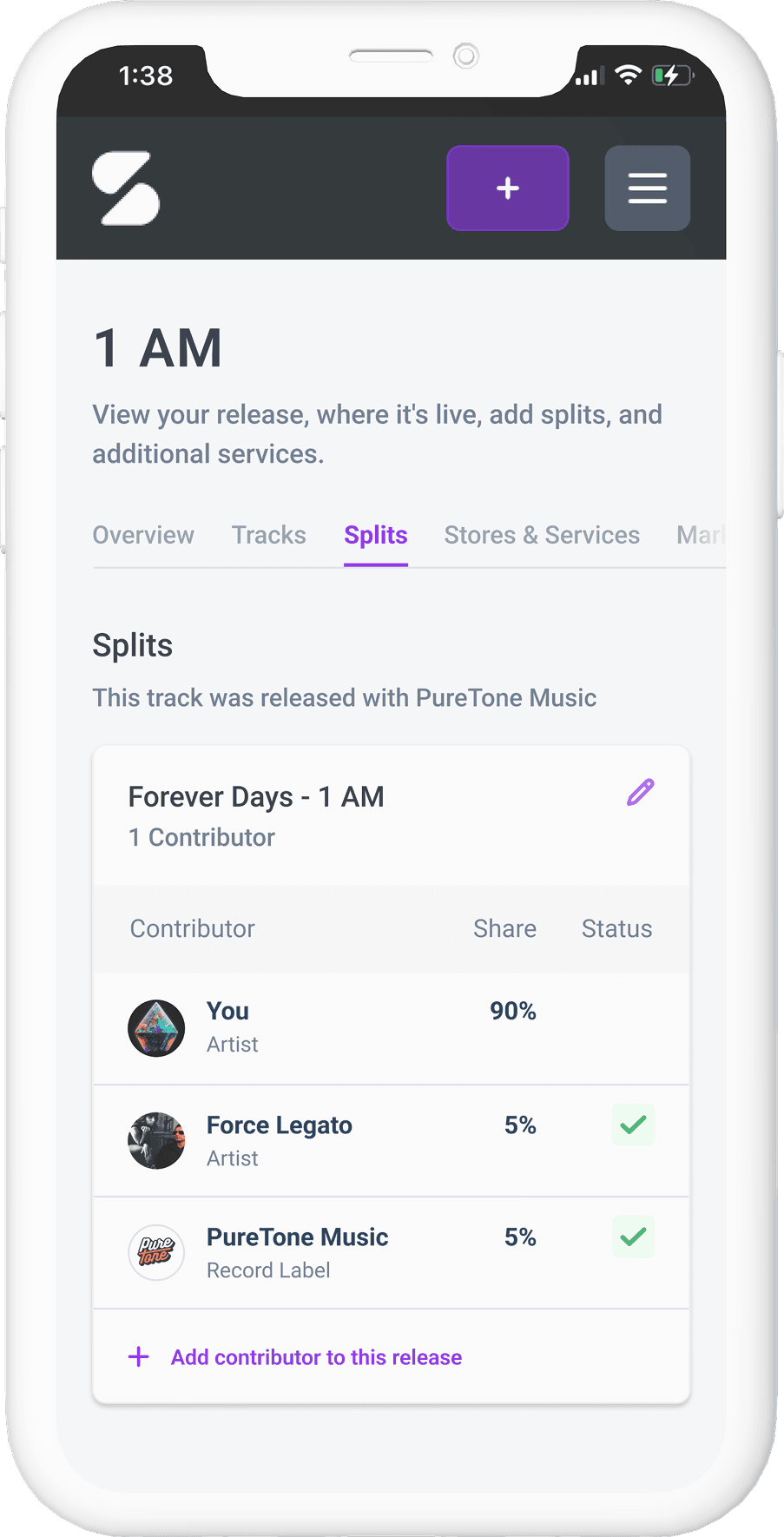 Royalty splits for a release on a phone