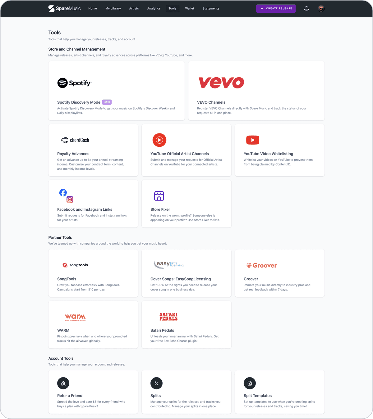 Spare Music stores and services for distribution