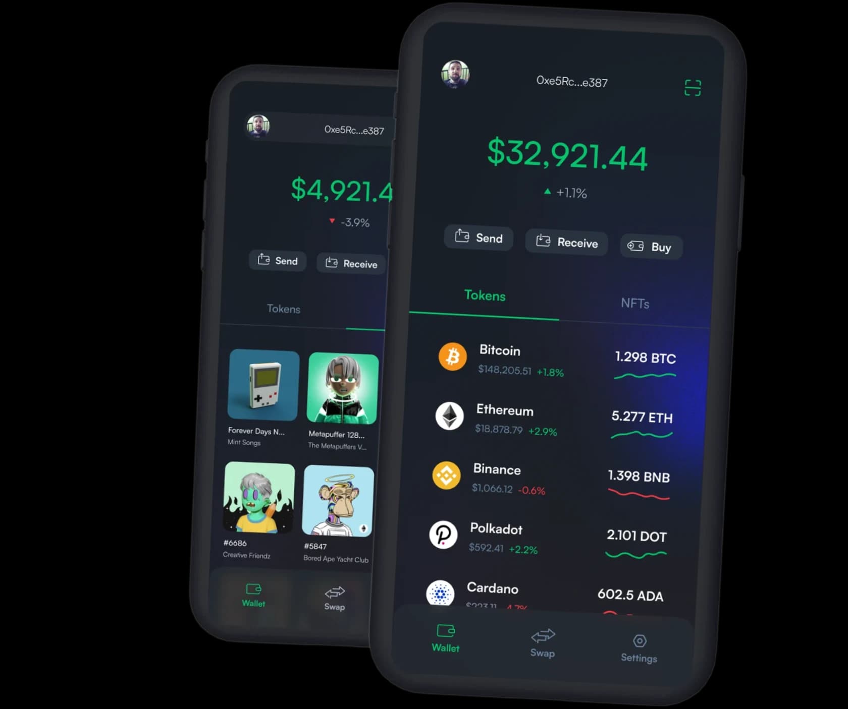 Crypto wallet designs on two phones: token portfolio and NFT gallery