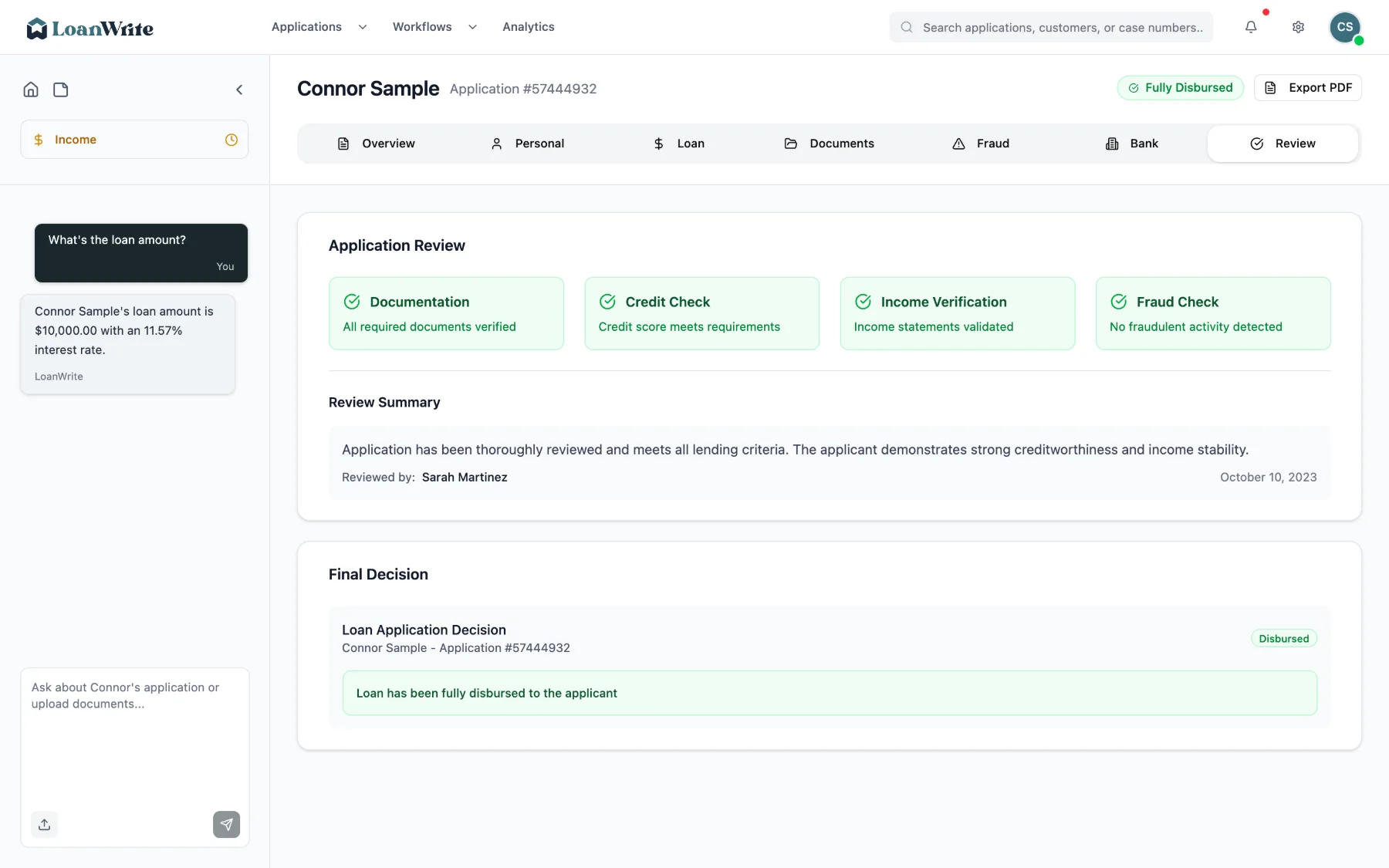 AI copilot answering a question about the current loan file