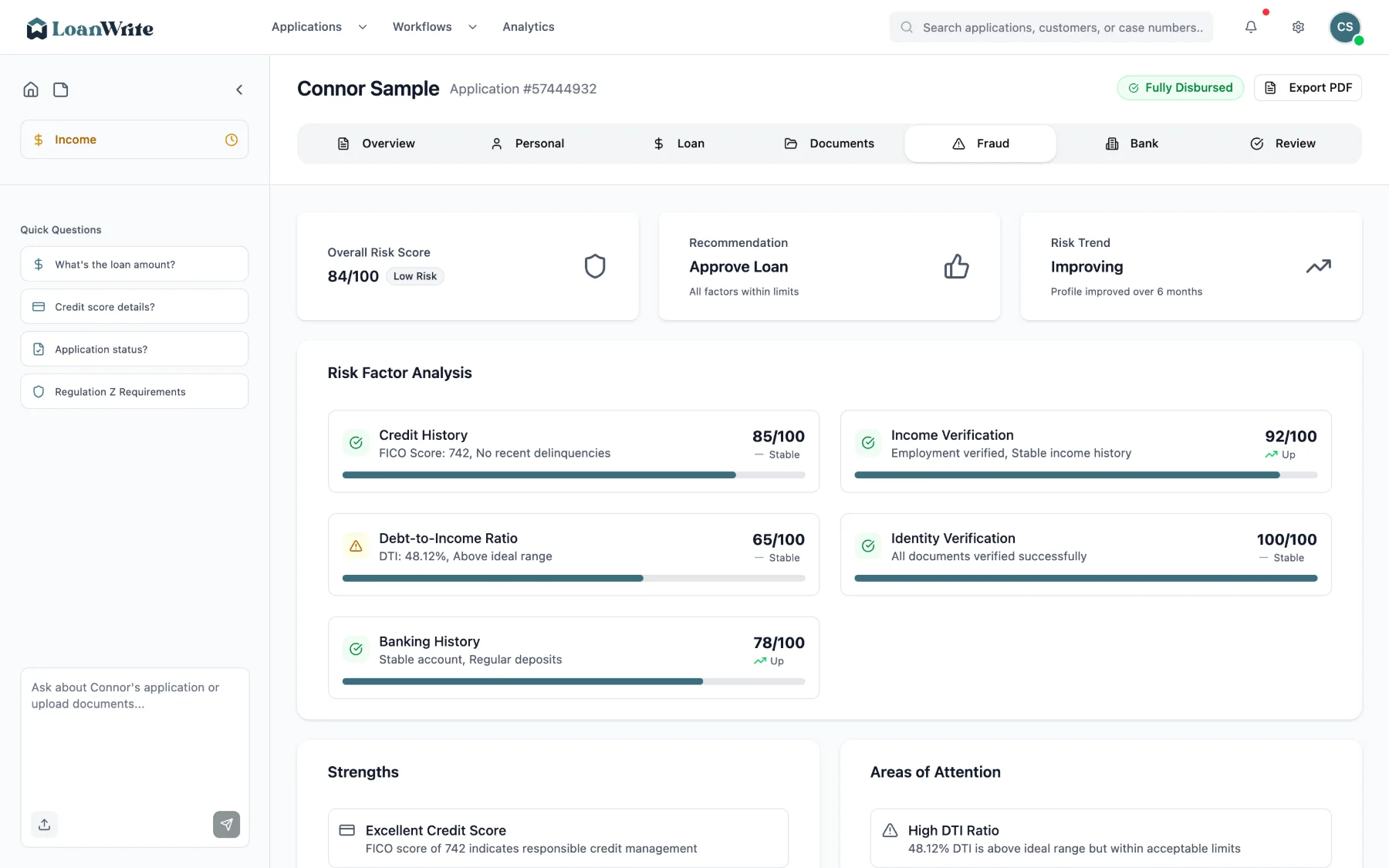 LoanWrite loan file showing the risk factor analysis