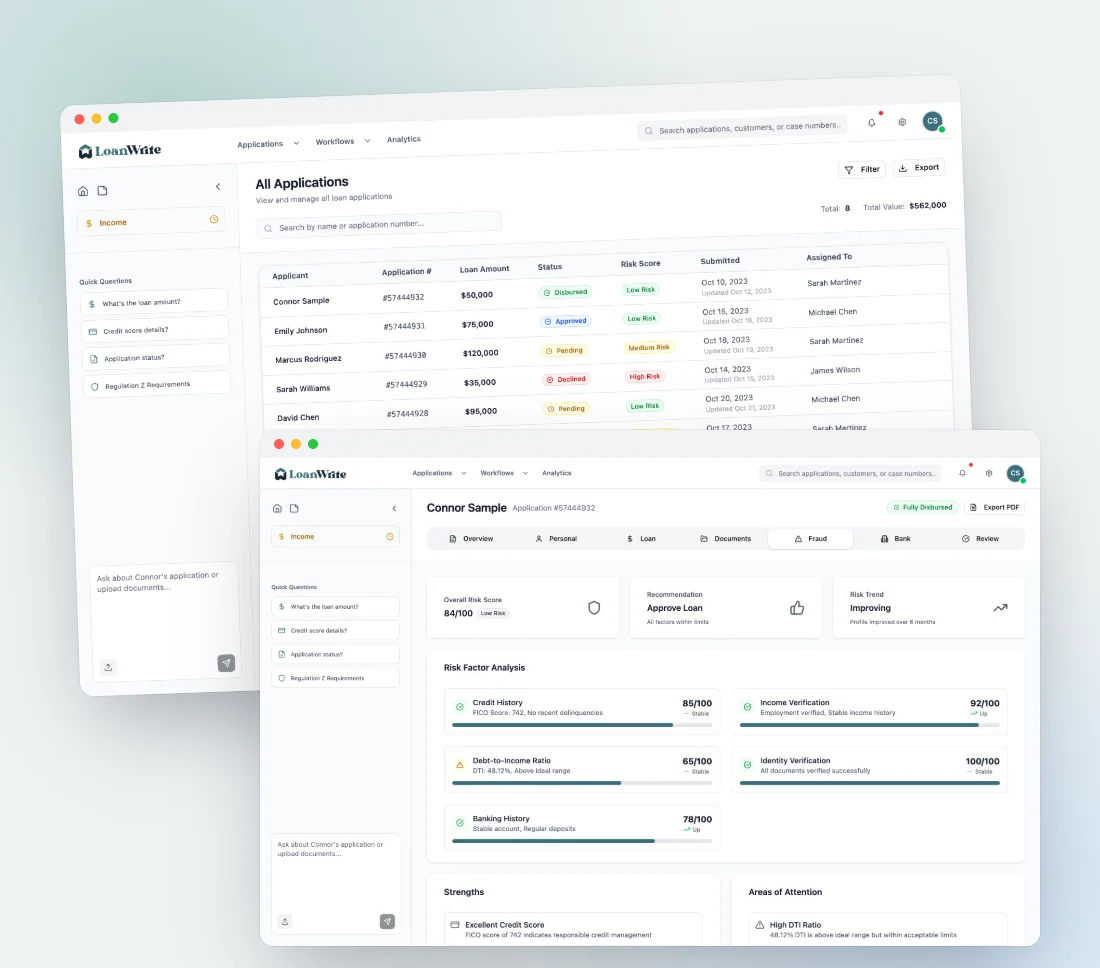 Two desktop screens from LoanWrite, a recreation of the underwriting tool