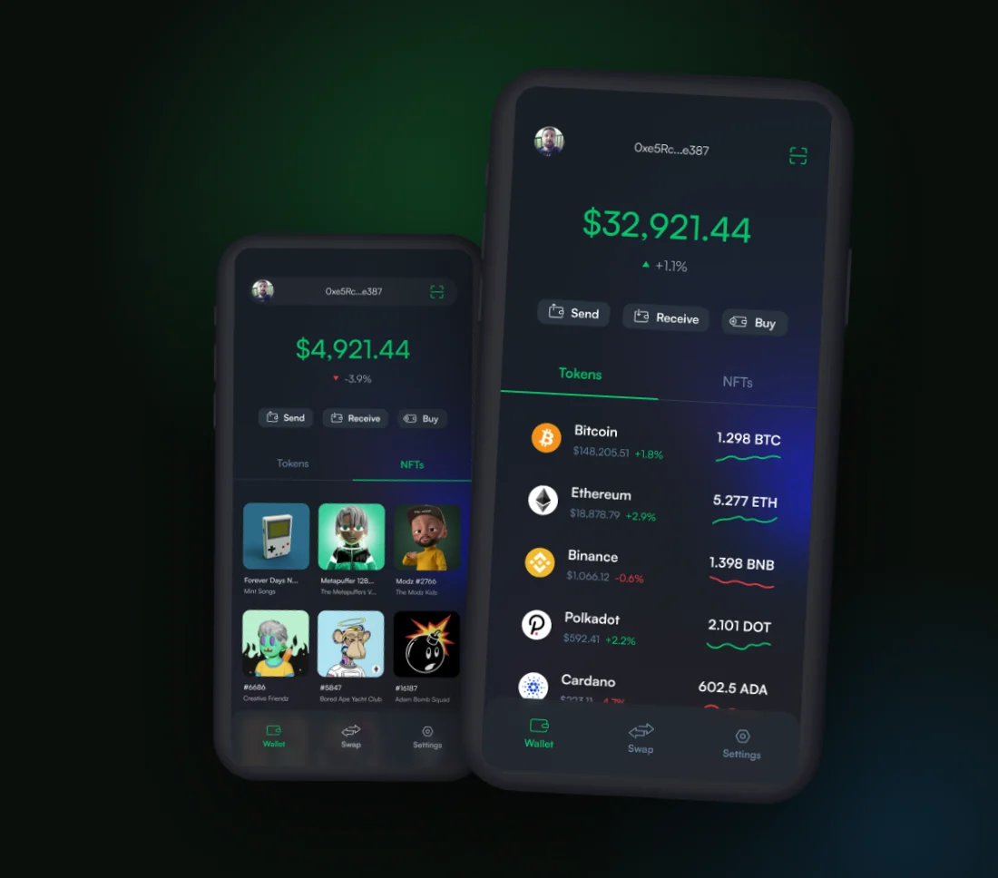 Crypto wallet app on two phones: token portfolio and NFT gallery
